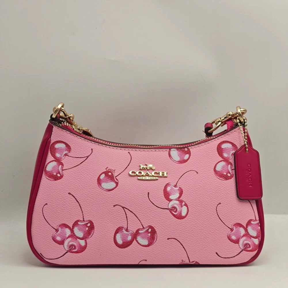 COACH Pink Cherry Print Shoulder Bag with Gold Hardware